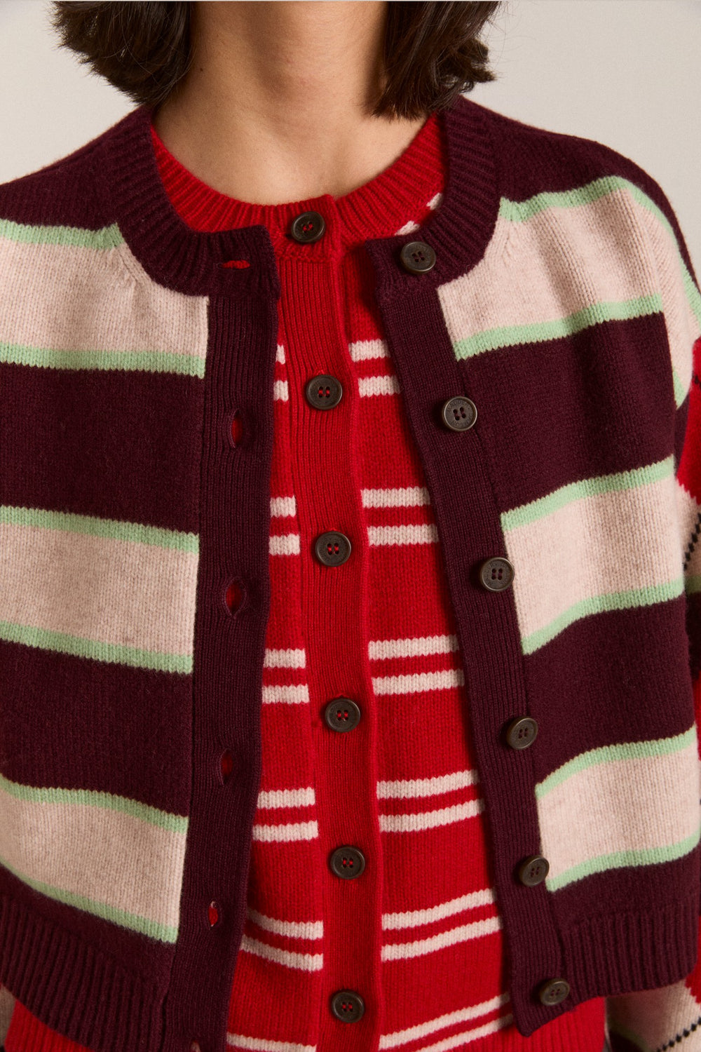 Damson Madder didi merino wool double cardigan - burg argyle & stripe