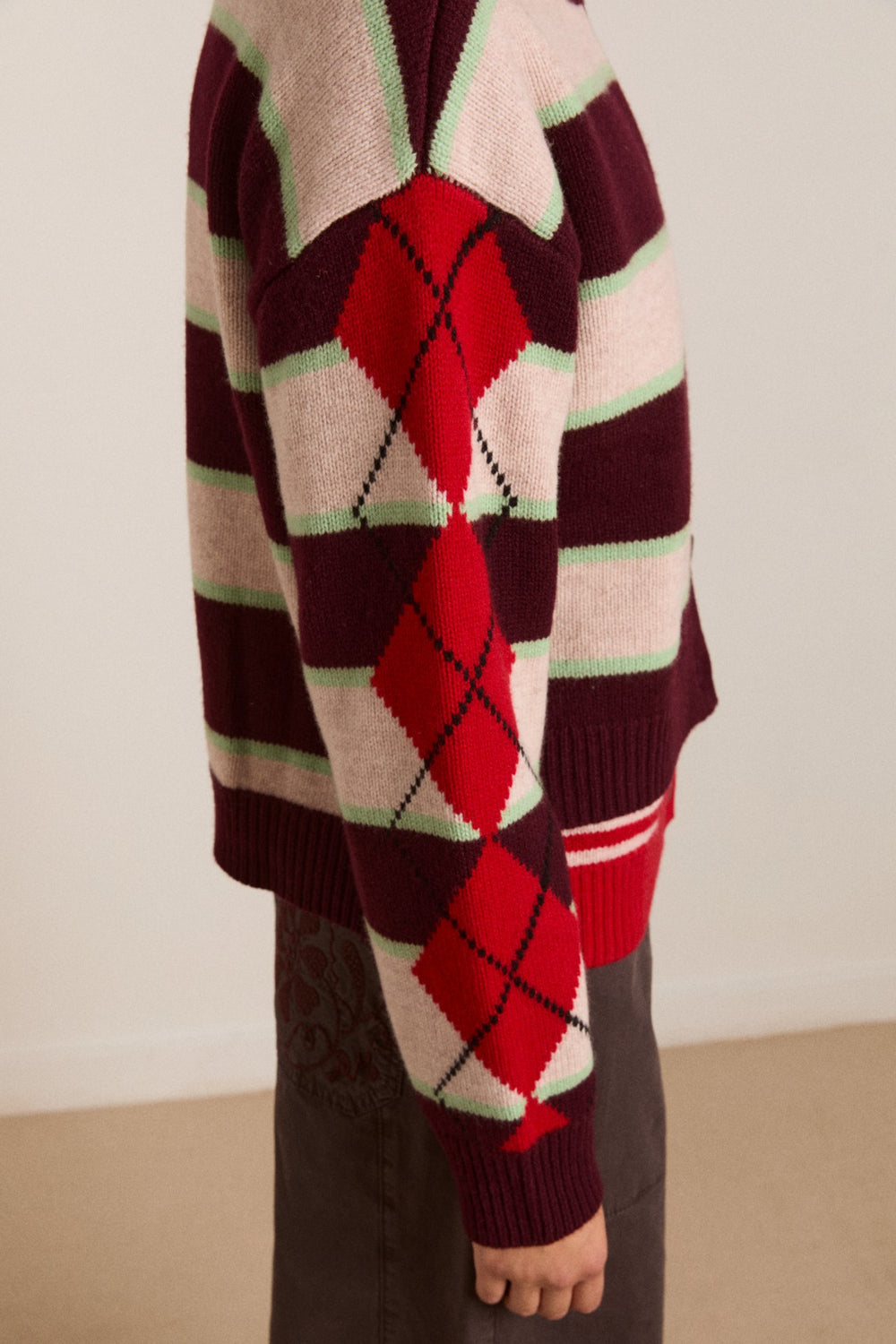 Damson Madder didi merino wool double cardigan - burg argyle & stripe