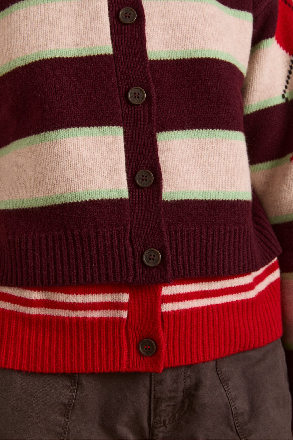 Damson Madder didi merino wool double cardigan - burg argyle & stripe