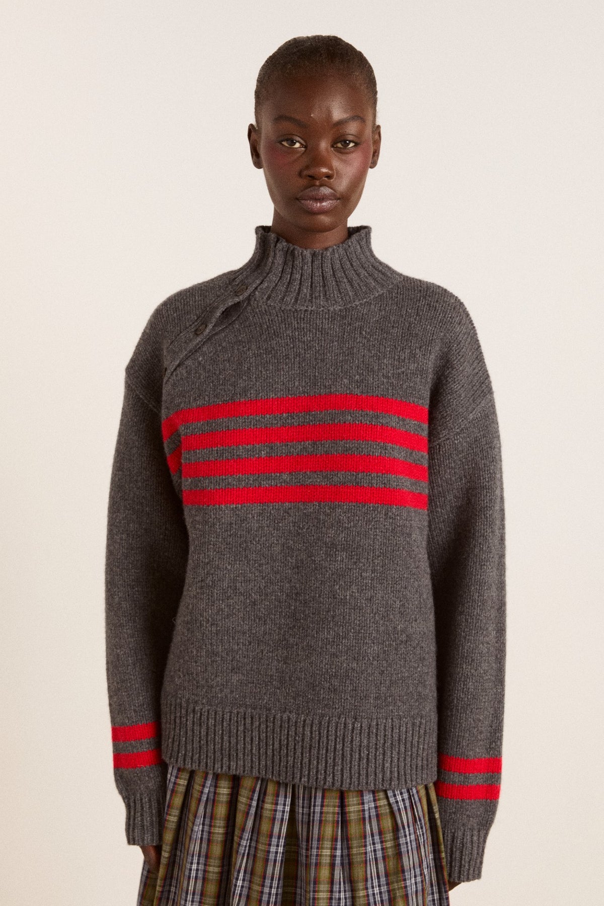 Damson Madder tallulah high neck lambswool jumper - charcoal/red