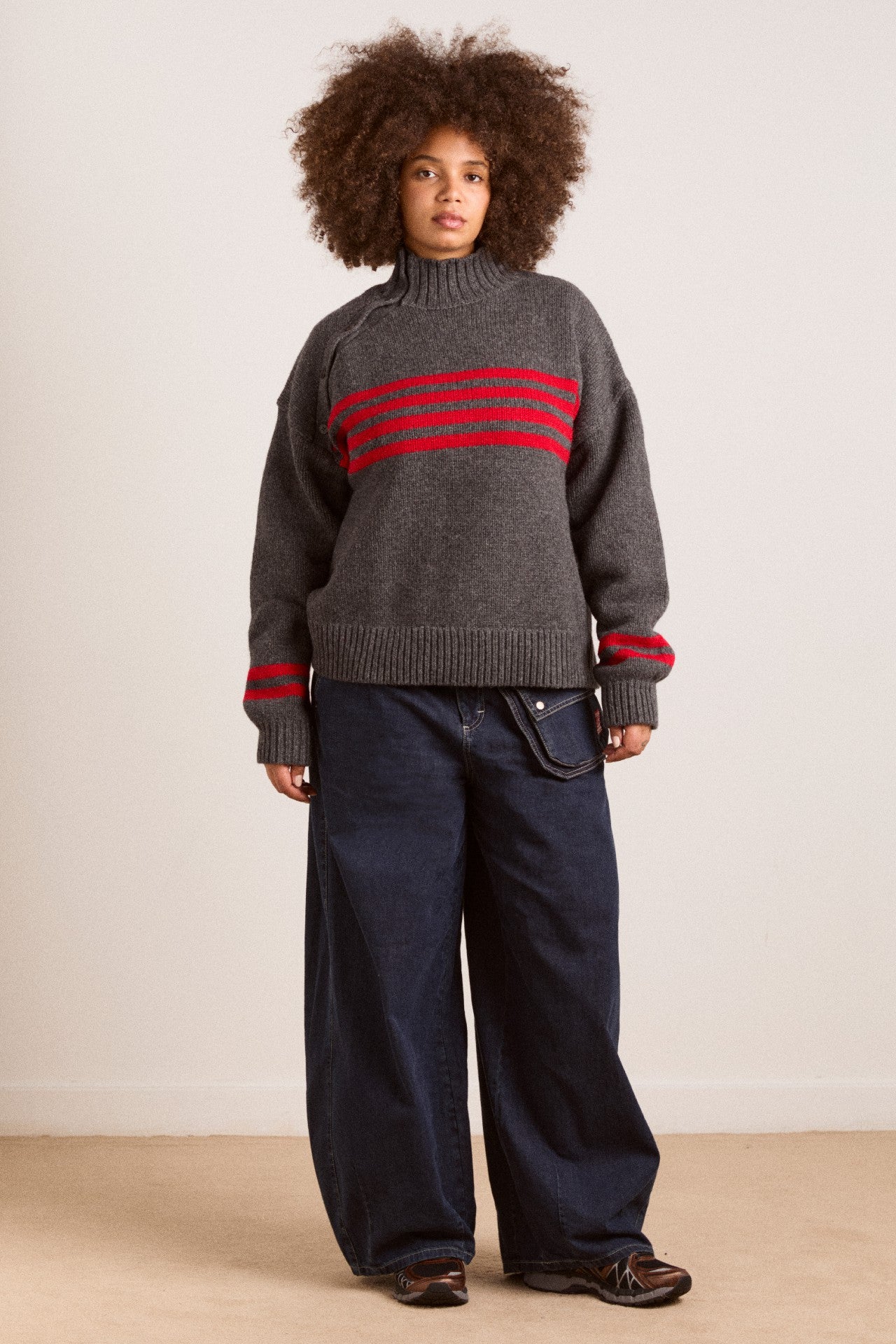 Damson Madder tallulah high neck lambswool jumper - charcoal/red