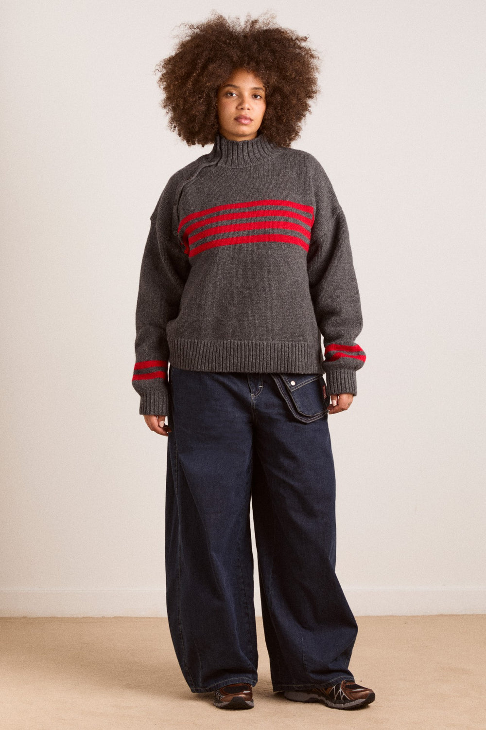 Damson Madder tallulah high neck lambswool jumper - charcoal/red