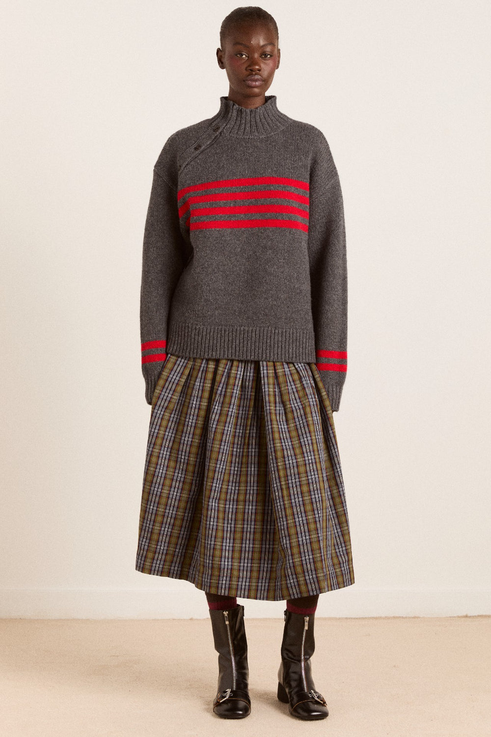 Damson Madder tallulah high neck lambswool jumper - charcoal/red