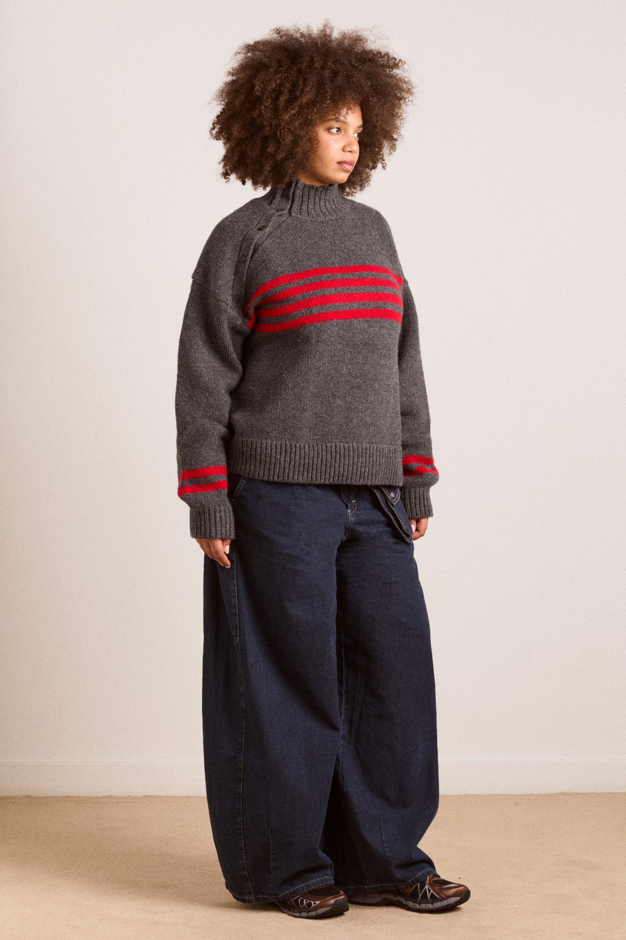 Damson Madder tallulah high neck lambswool jumper - charcoal/red