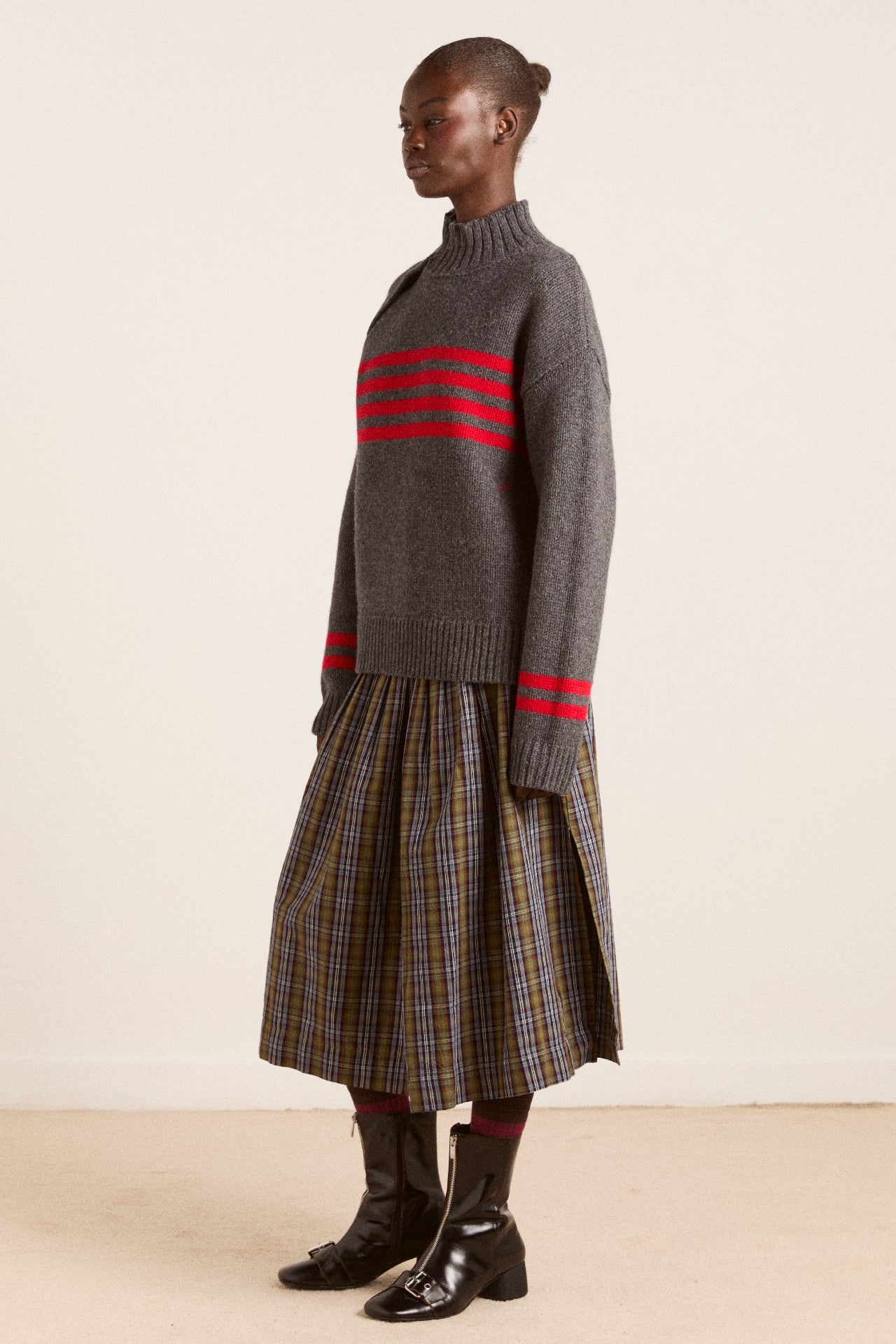 Damson Madder tallulah high neck lambswool jumper - charcoal/red