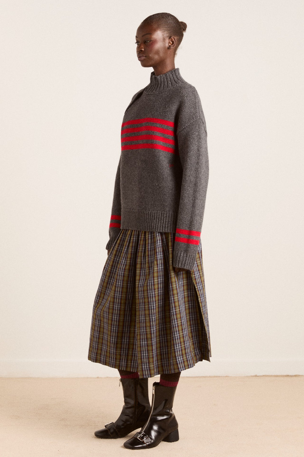Damson Madder tallulah high neck lambswool jumper - charcoal/red