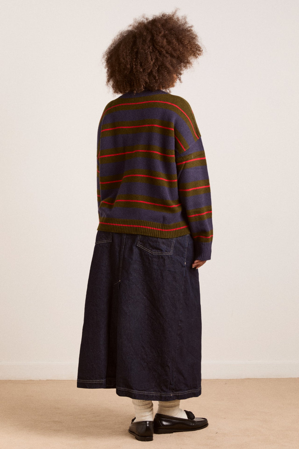 Damson Madder odette v-neck merino wool jumper-olive/navy stripe