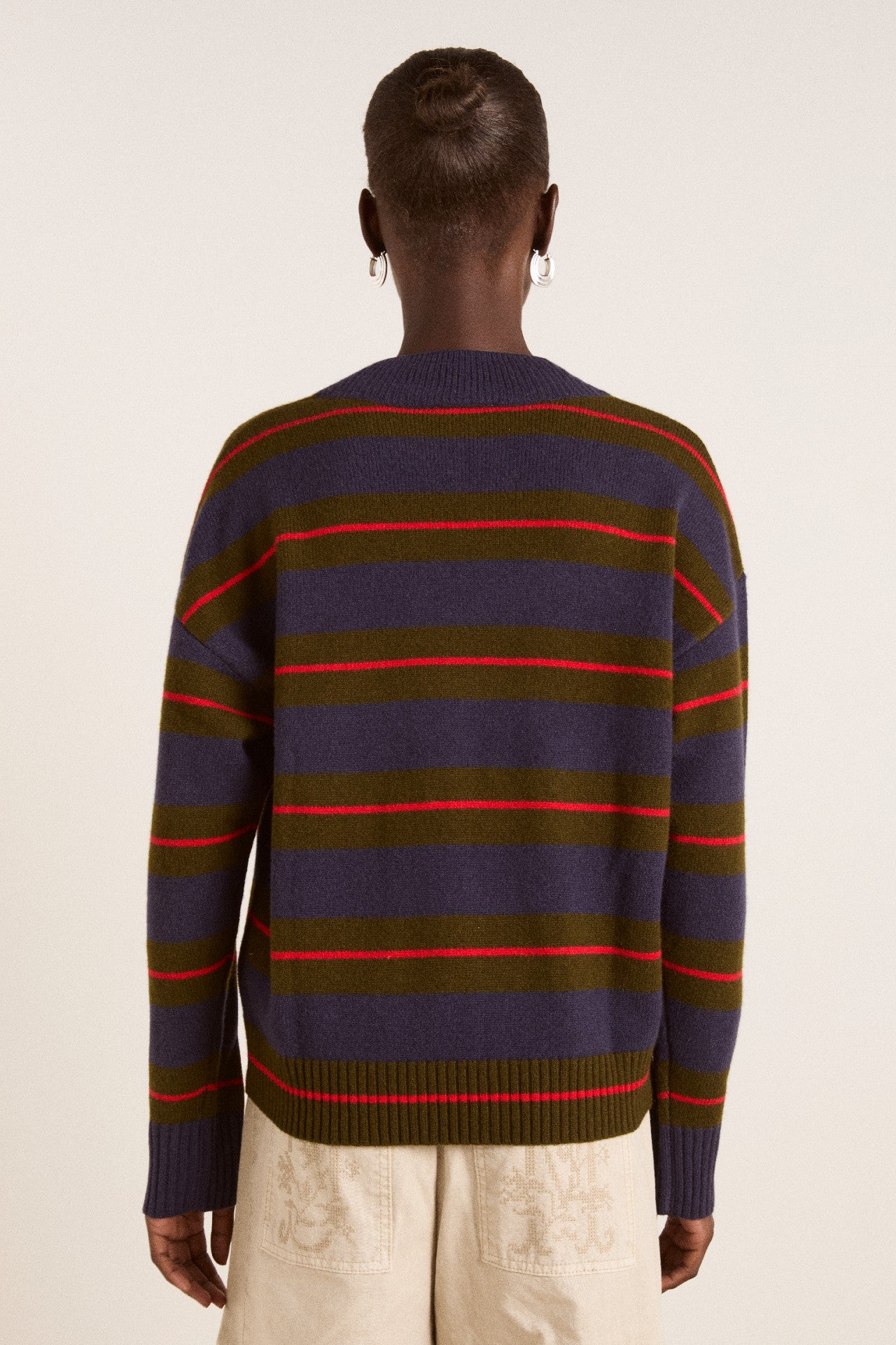 Damson Madder odette v-neck merino wool jumper-olive/navy stripe