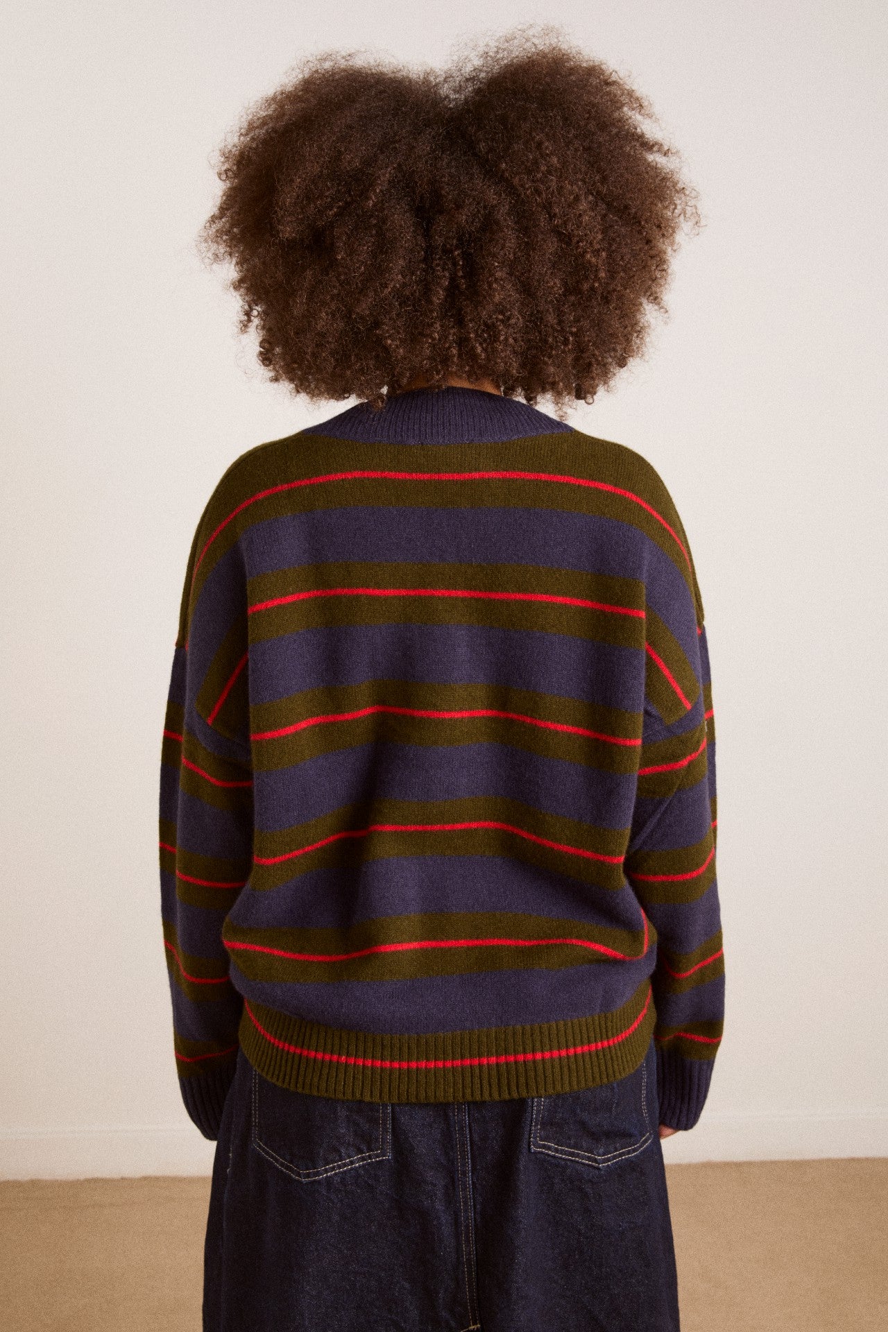 Damson Madder odette v-neck merino wool jumper-olive/navy stripe