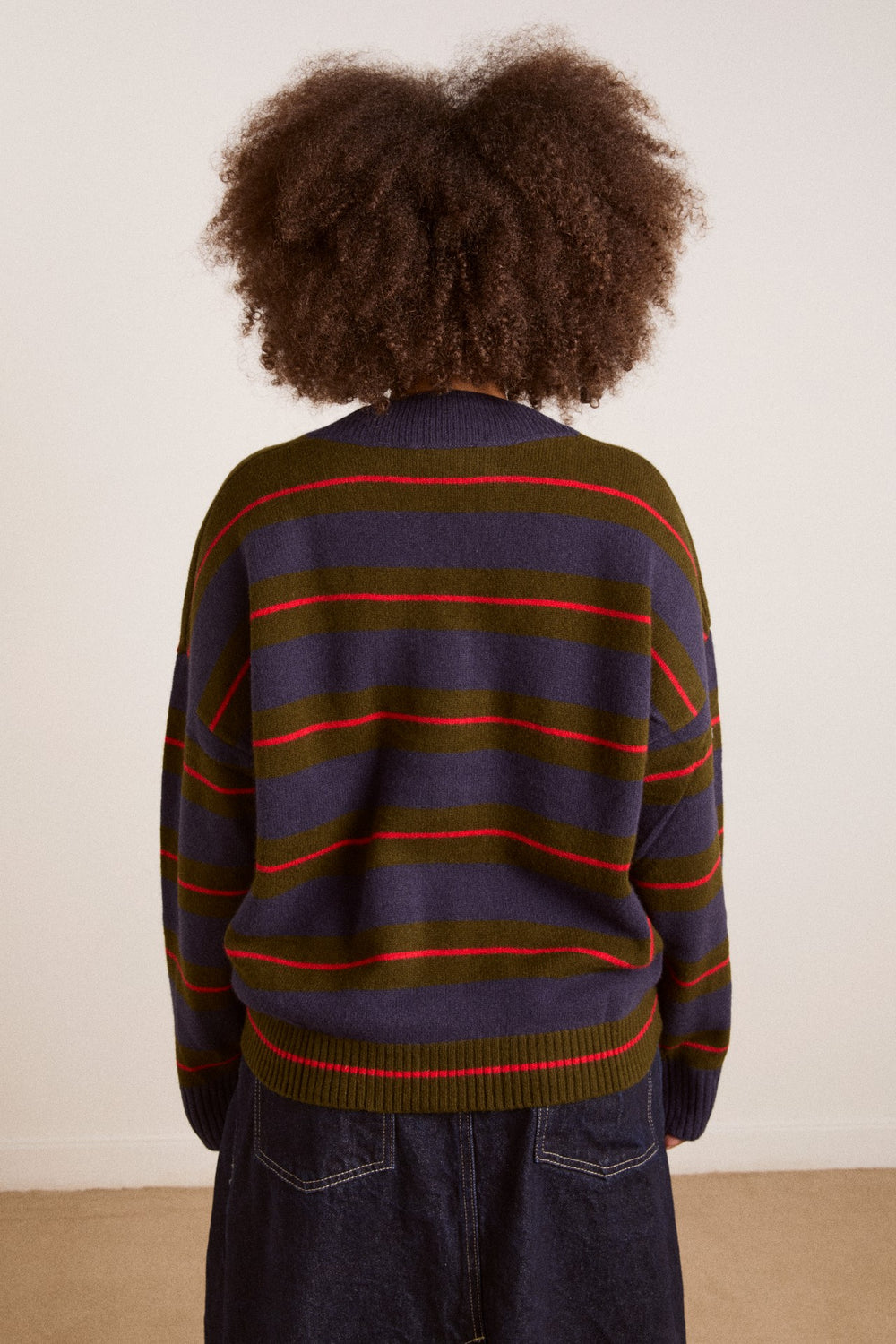 Damson Madder odette v-neck merino wool jumper-olive/navy stripe