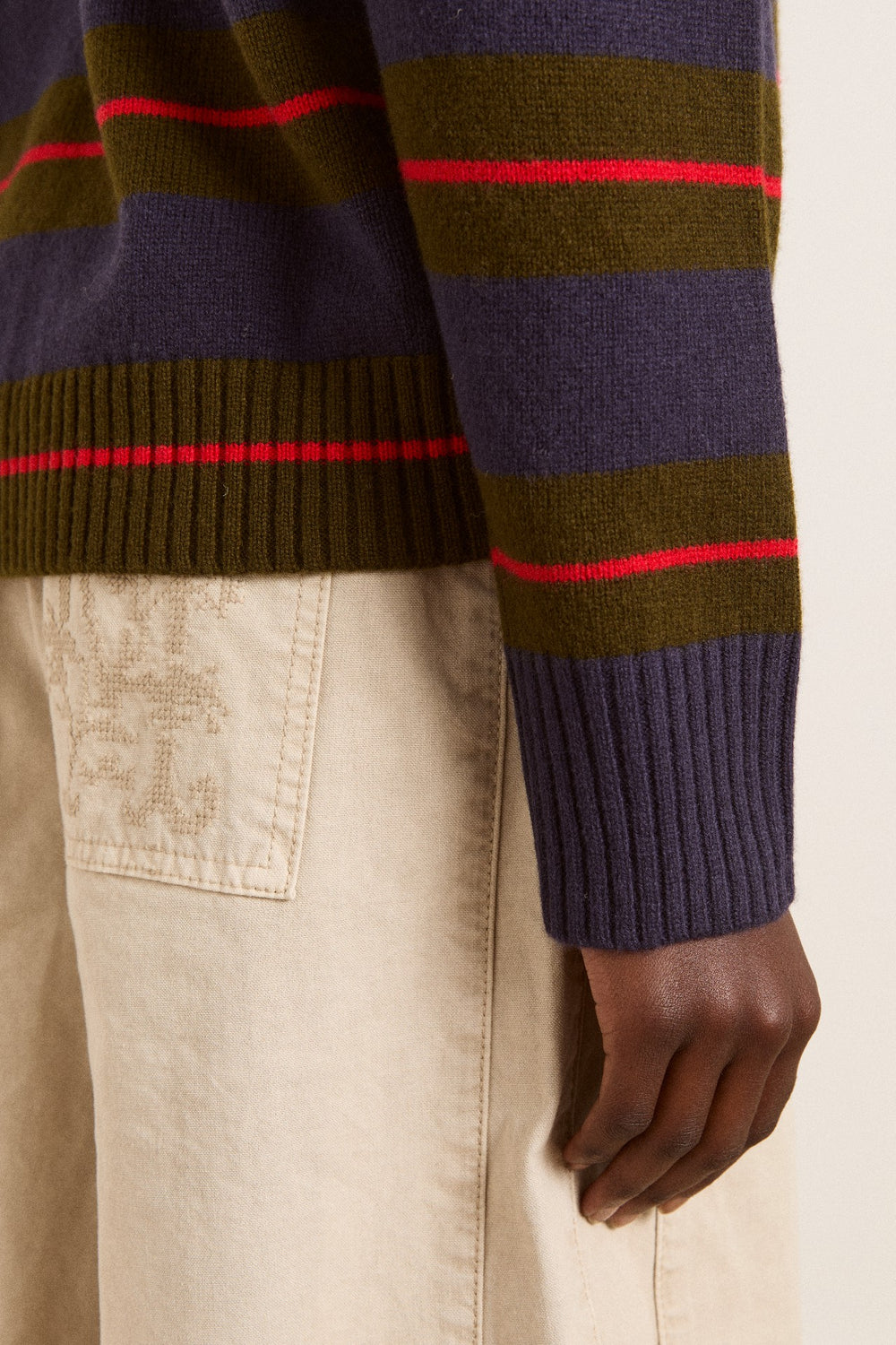 Damson Madder odette v-neck merino wool jumper-olive/navy stripe