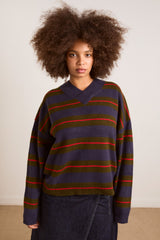 Damson Madder odette v-neck merino wool jumper-olive/navy stripe