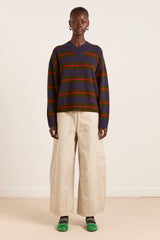 Damson Madder odette v-neck merino wool jumper-olive/navy stripe