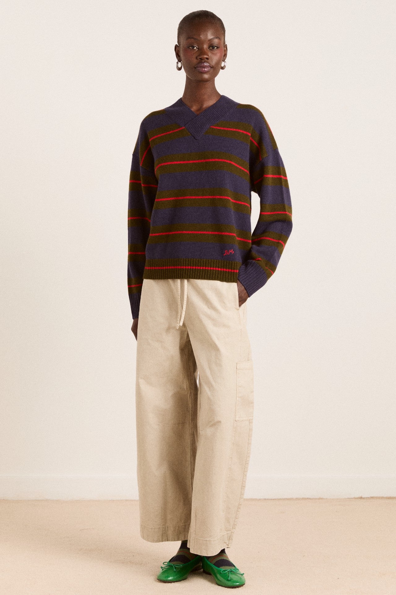Damson Madder odette v-neck merino wool jumper-olive/navy stripe