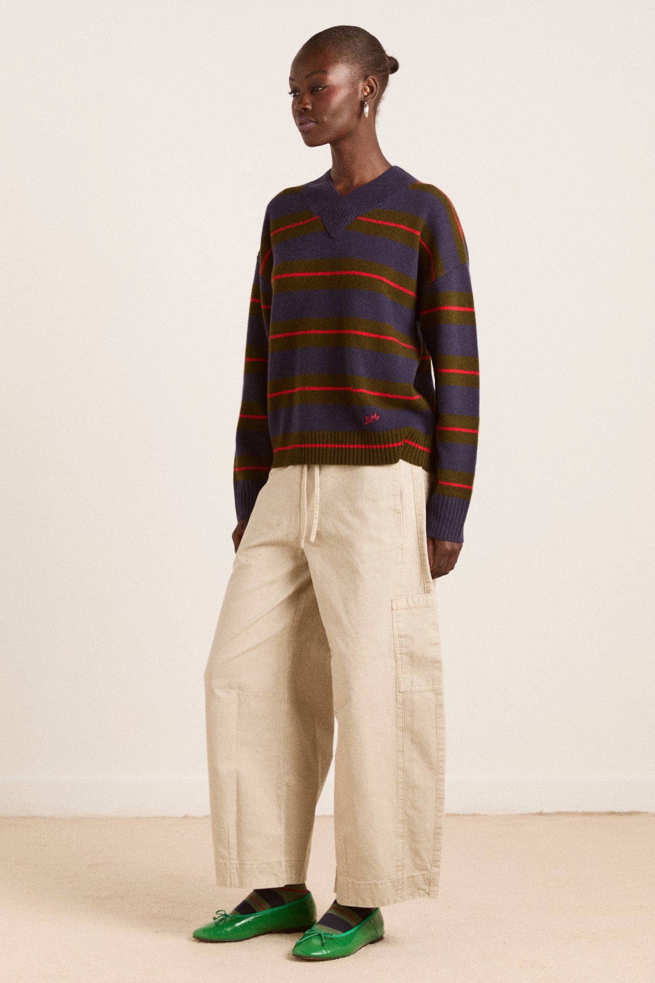 Damson Madder odette v-neck merino wool jumper-olive/navy stripe