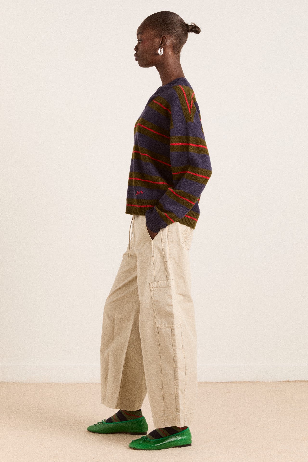 Damson Madder odette v-neck merino wool jumper-olive/navy stripe