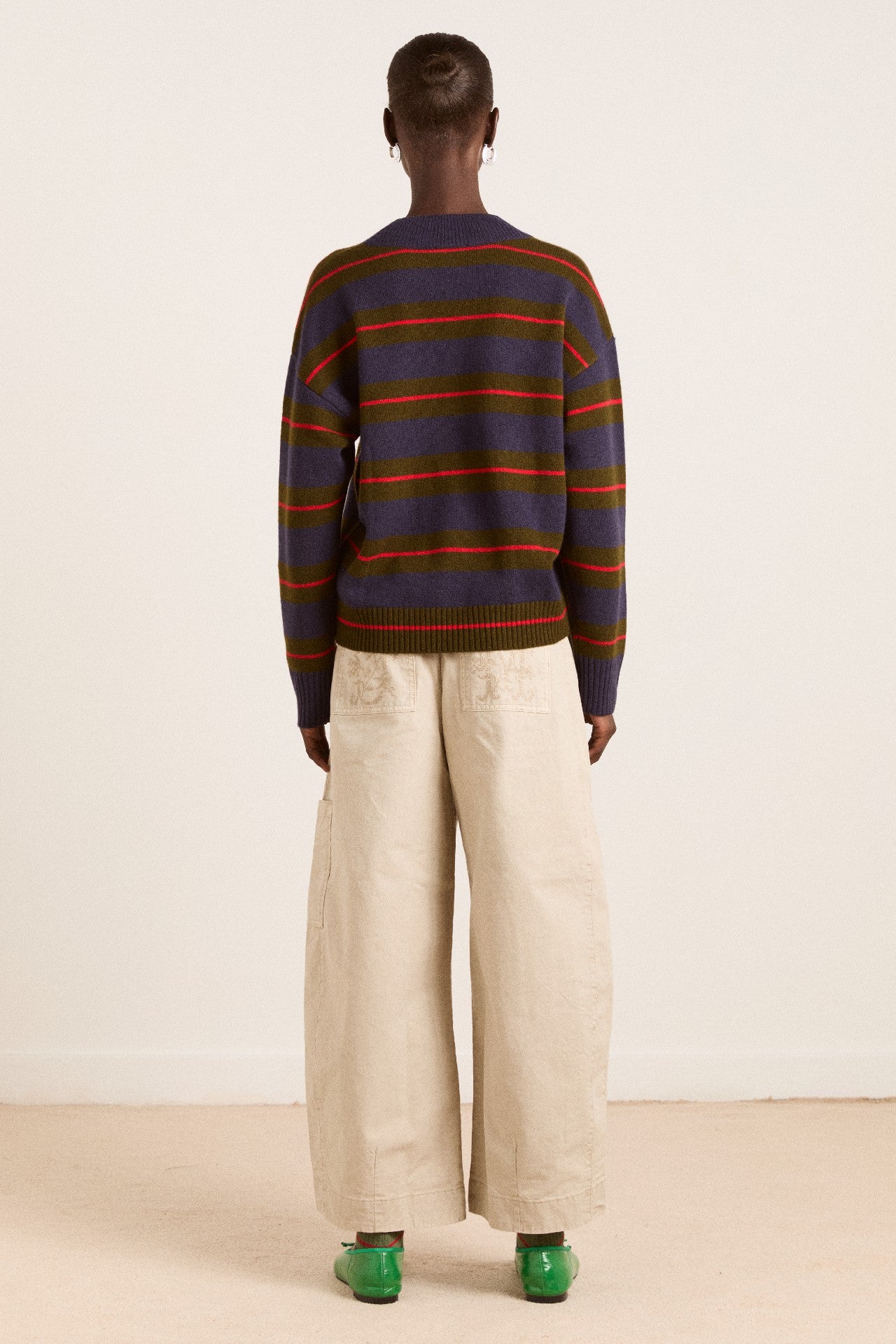 Damson Madder odette v-neck merino wool jumper-olive/navy stripe