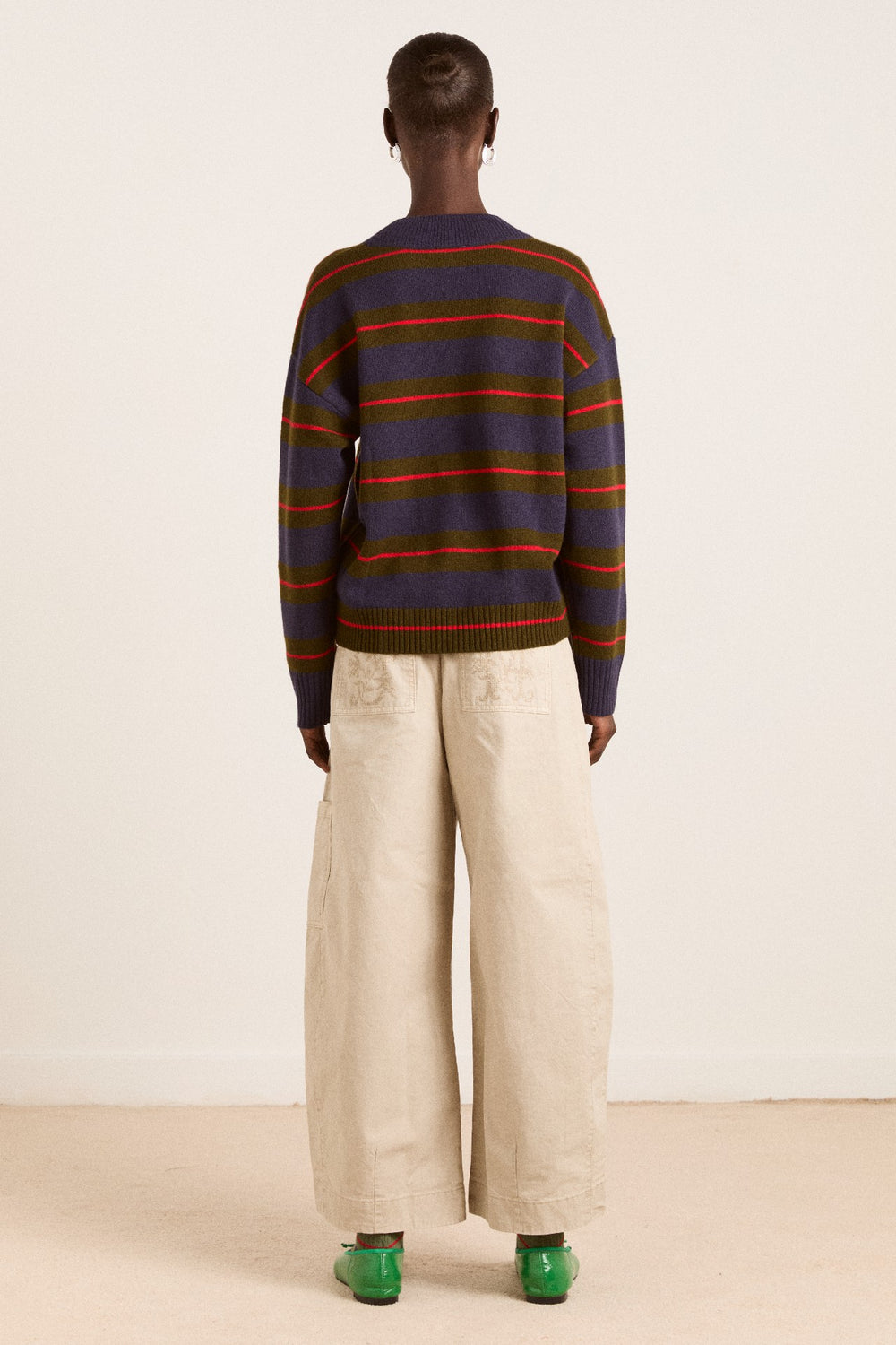 Damson Madder odette v-neck merino wool jumper-olive/navy stripe