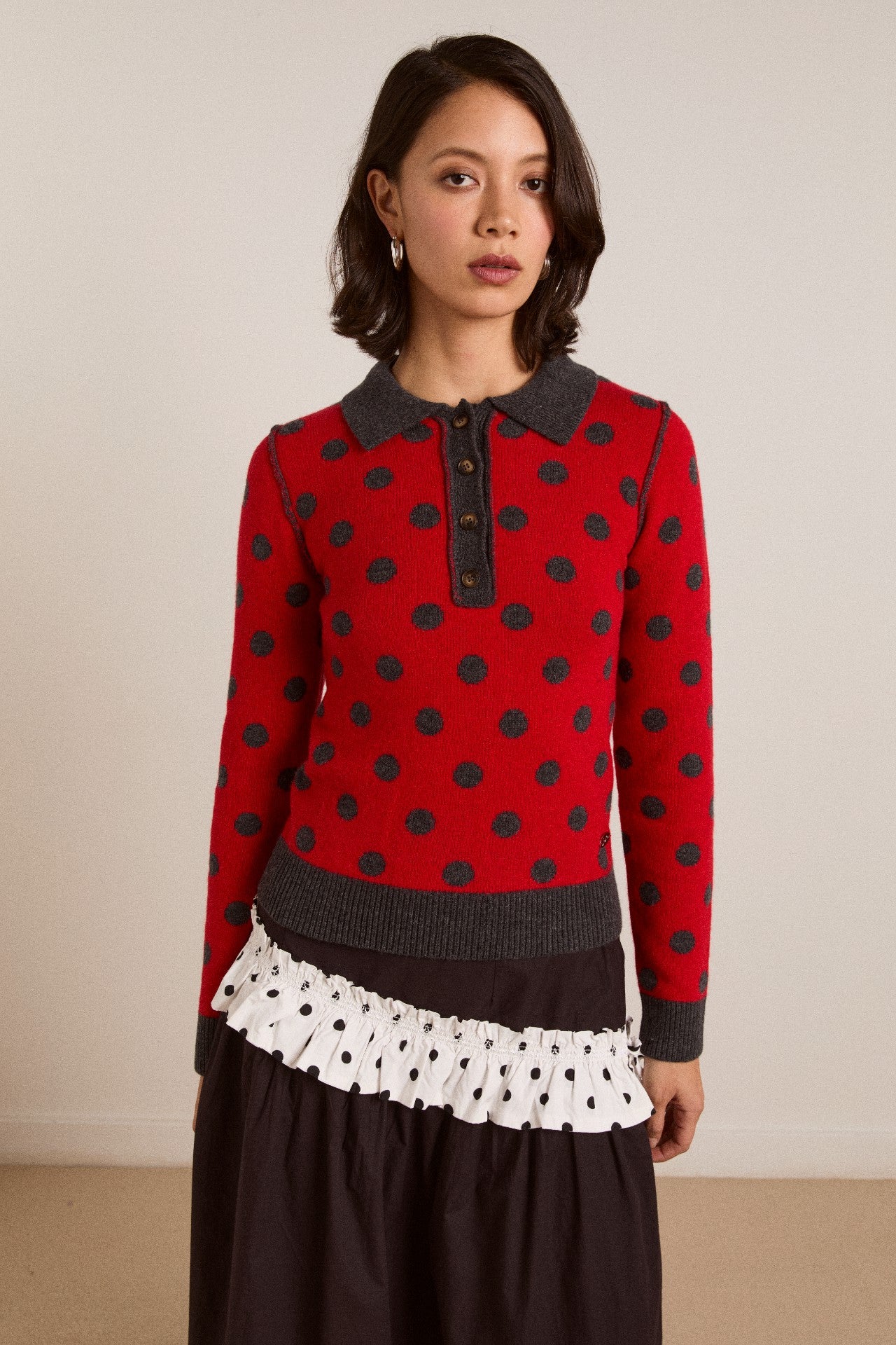 Damson Madder lia merino wool reversible polo jumper - red/grey spot