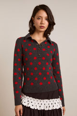 Damson Madder lia merino wool reversible polo jumper - red/grey spot