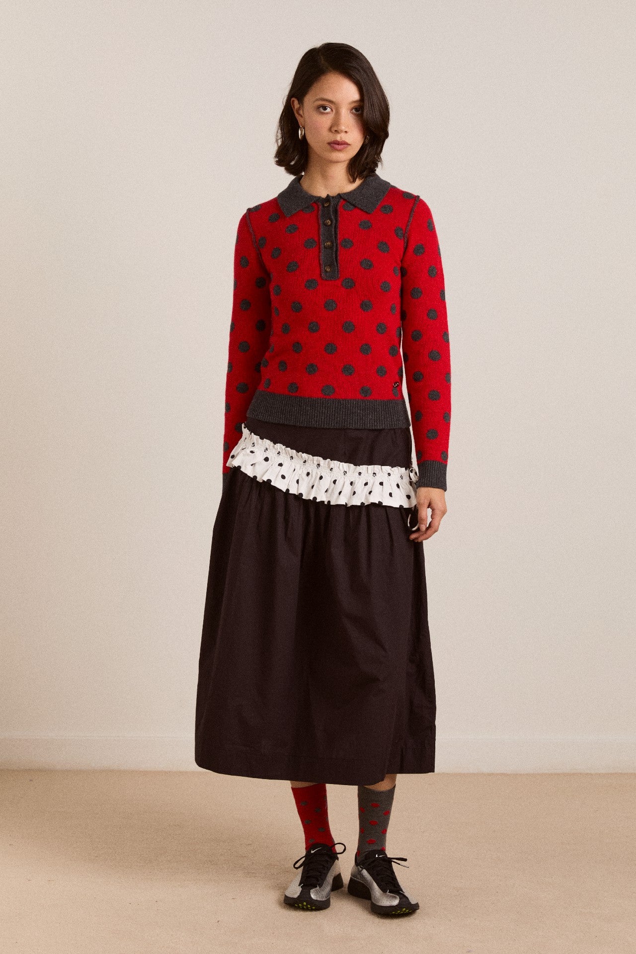 Damson Madder lia merino wool reversible polo jumper - red/grey spot