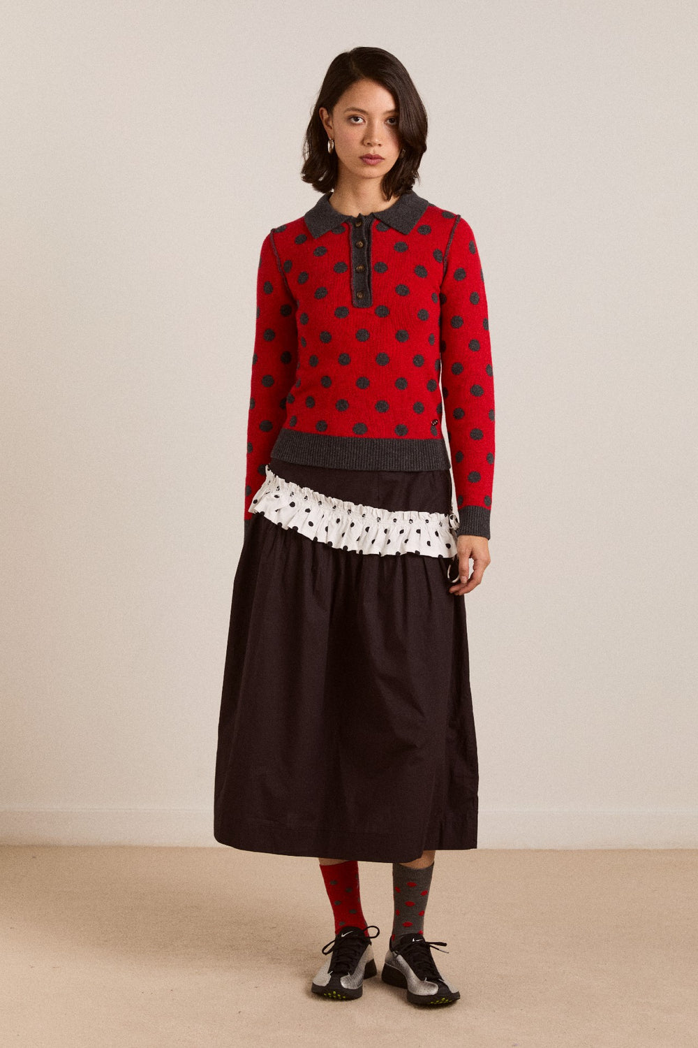 Damson Madder lia merino wool reversible polo jumper - red/grey spot