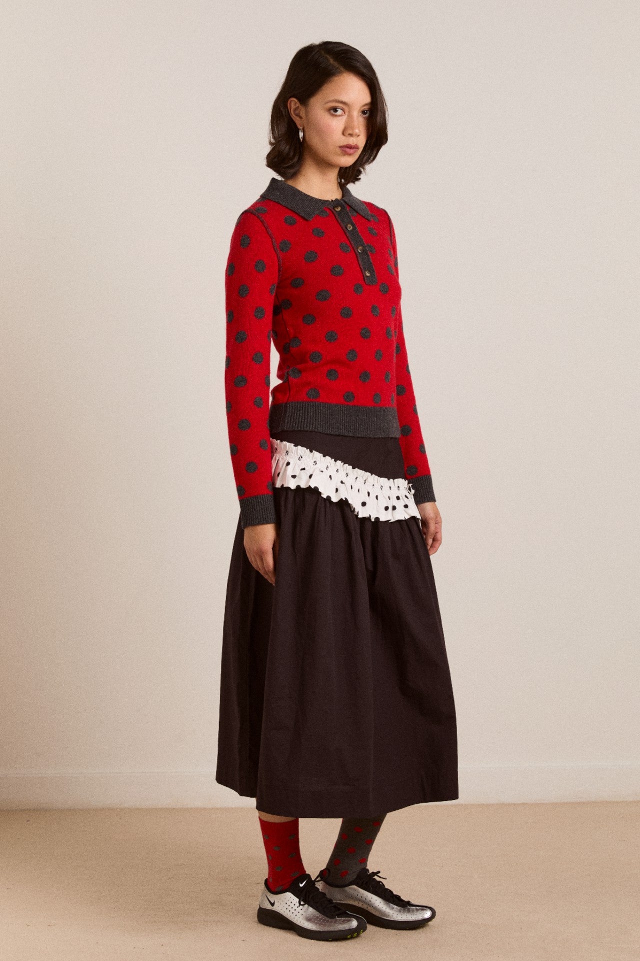 Damson Madder lia merino wool reversible polo jumper - red/grey spot