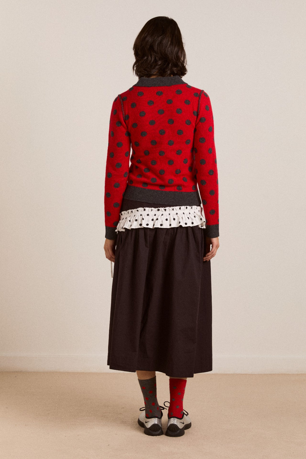 Damson Madder lia merino wool reversible polo jumper - red/grey spot