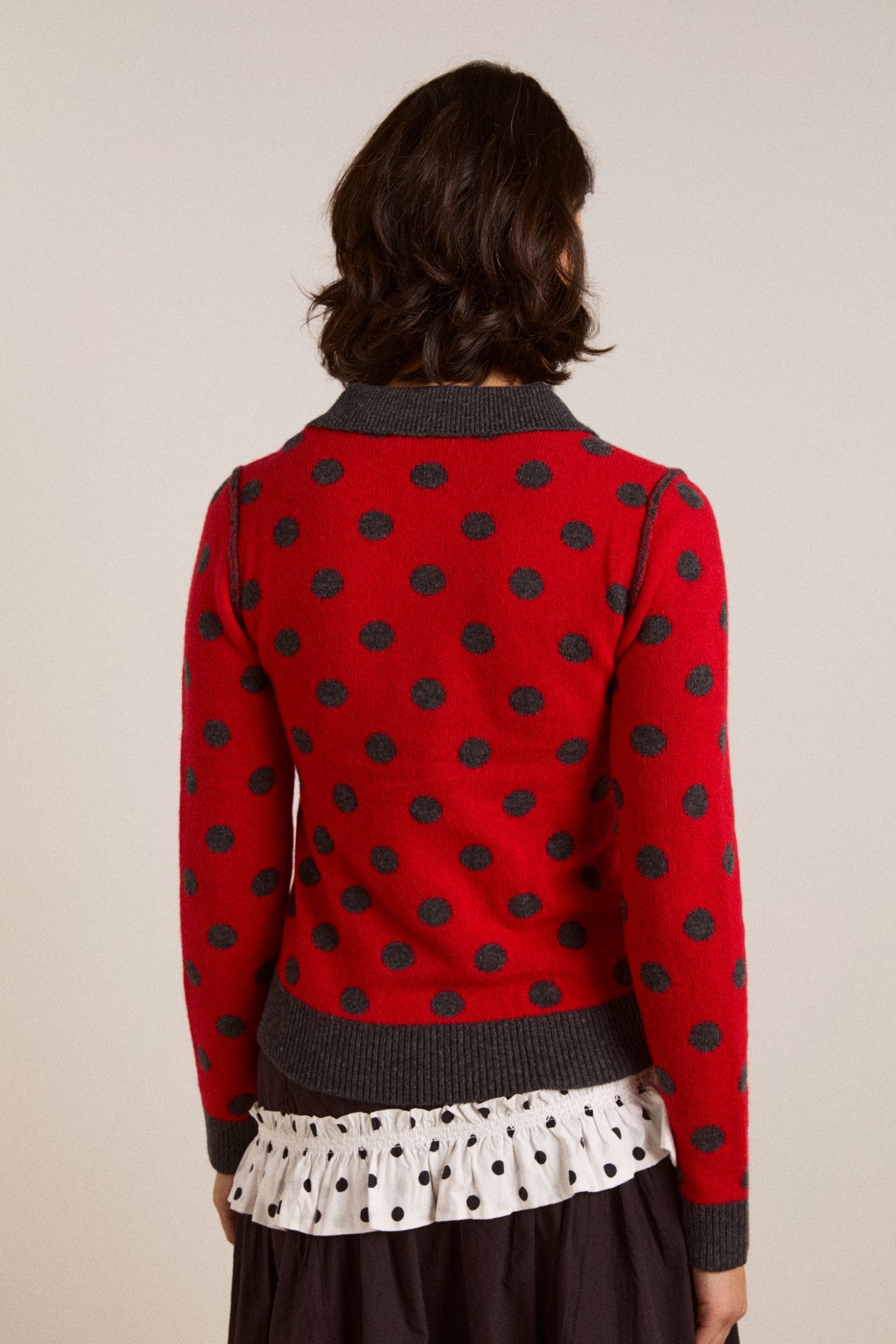 Damson Madder lia merino wool reversible polo jumper - red/grey spot