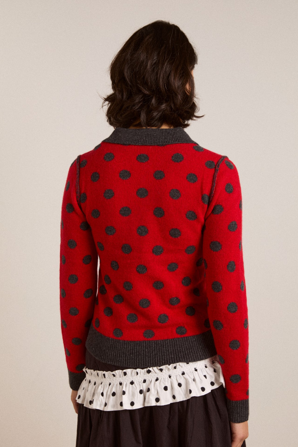 Damson Madder lia merino wool reversible polo jumper - red/grey spot