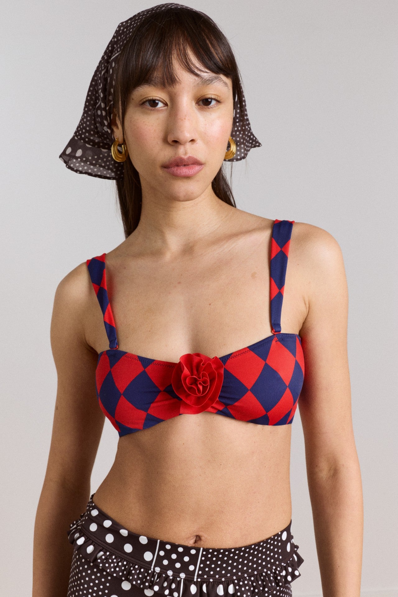 Damson Madder wren bikini top with rosette detail - harlequin