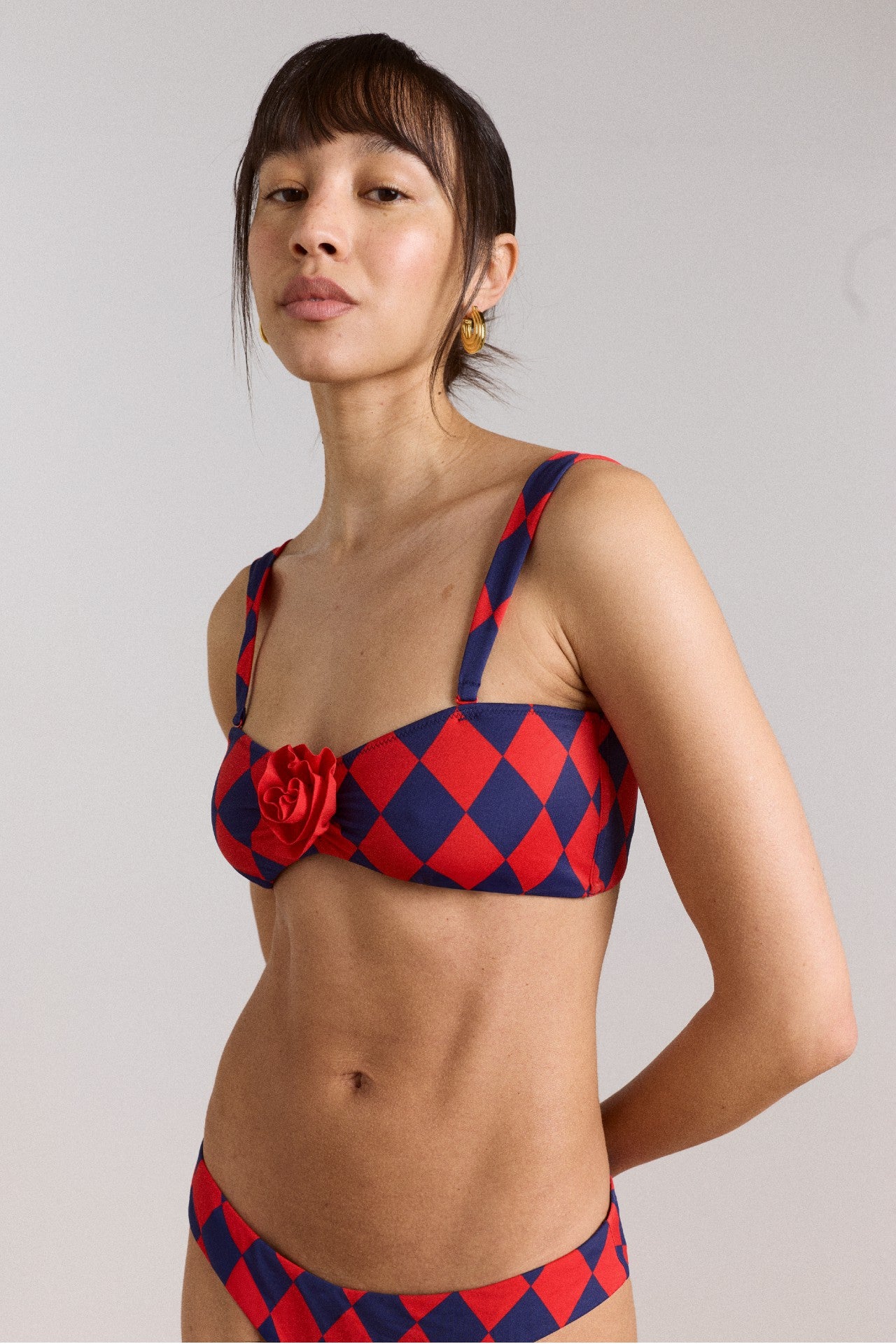 Damson Madder wren bikini top with rosette detail - harlequin
