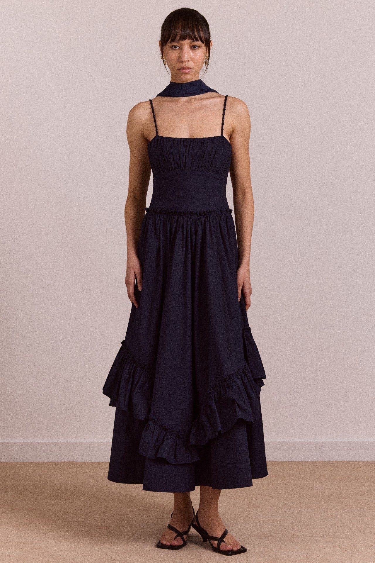 Damson Madder juno midi dress with sheer scarf- navy