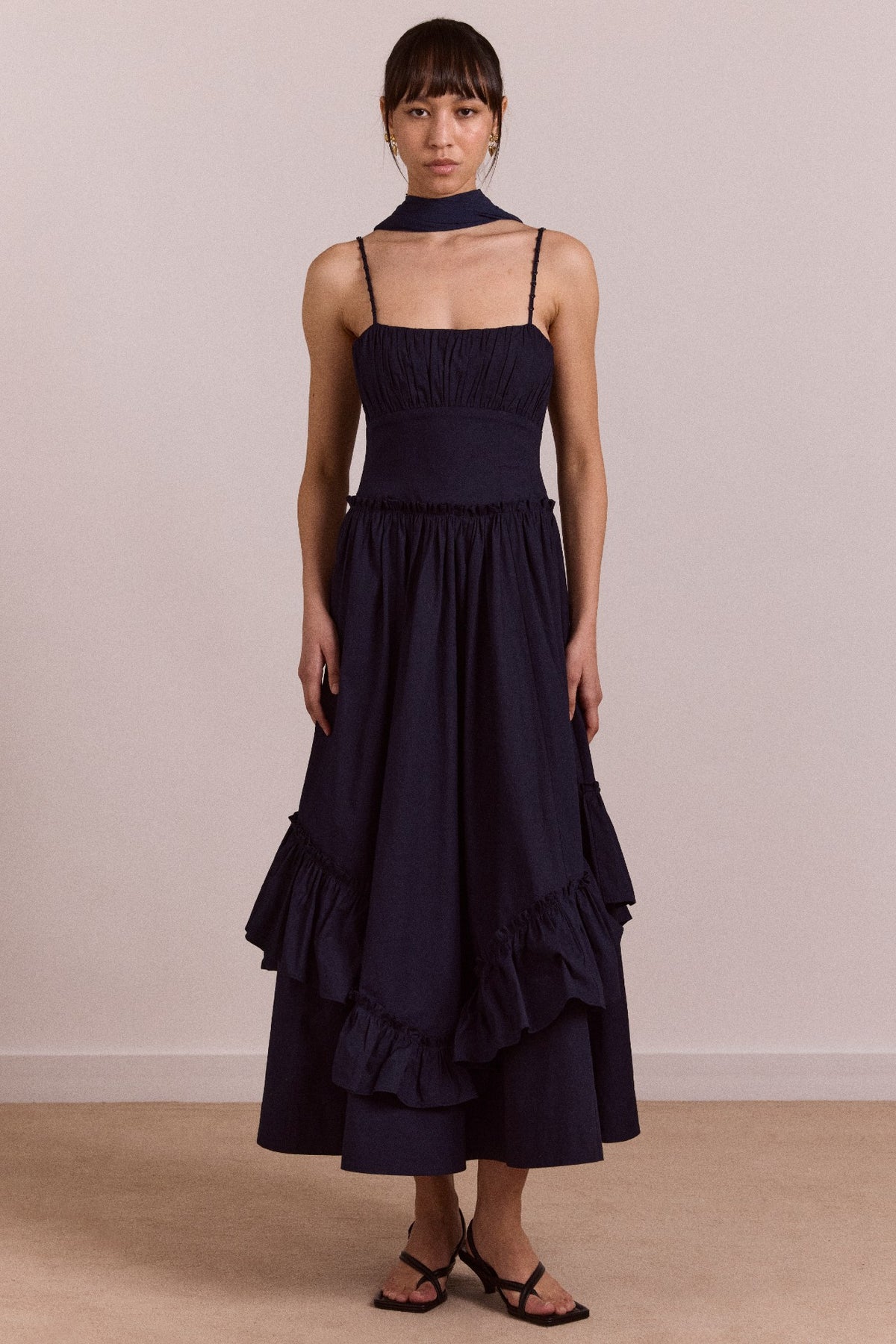 Damson Madder juno midi dress with sheer scarf- navy