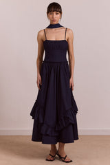 Damson Madder juno midi dress with sheer scarf- navy