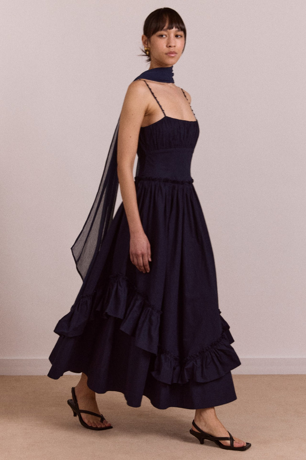 Damson Madder juno midi dress with sheer scarf- navy