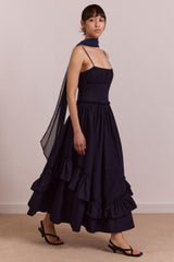 Damson Madder juno midi dress with sheer scarf- navy