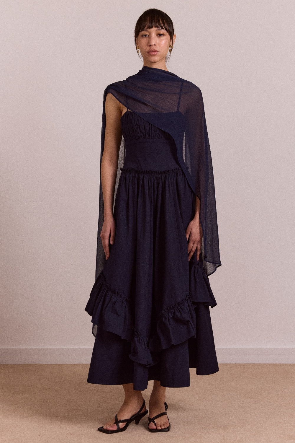 Damson Madder juno midi dress with sheer scarf- navy