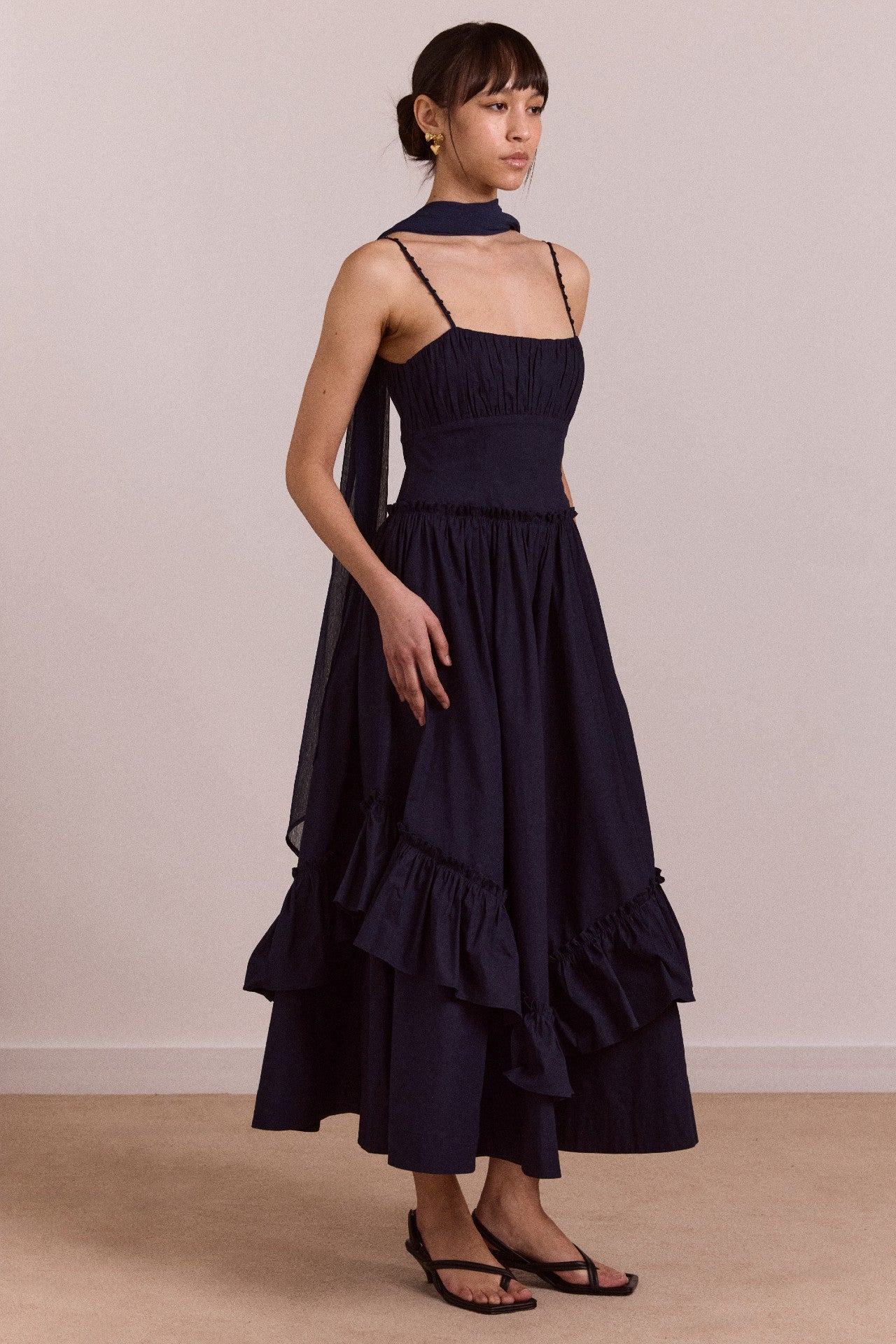 Damson Madder juno midi dress with sheer scarf- navy