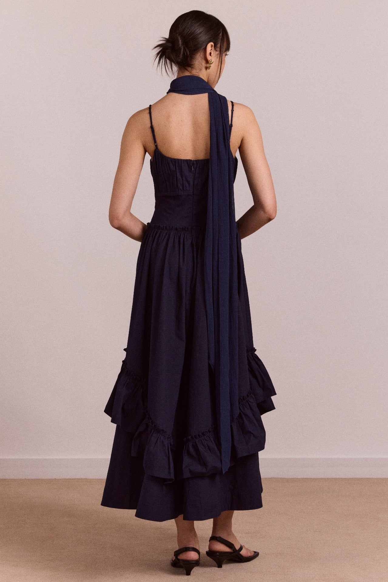 Damson Madder juno midi dress with sheer scarf- navy