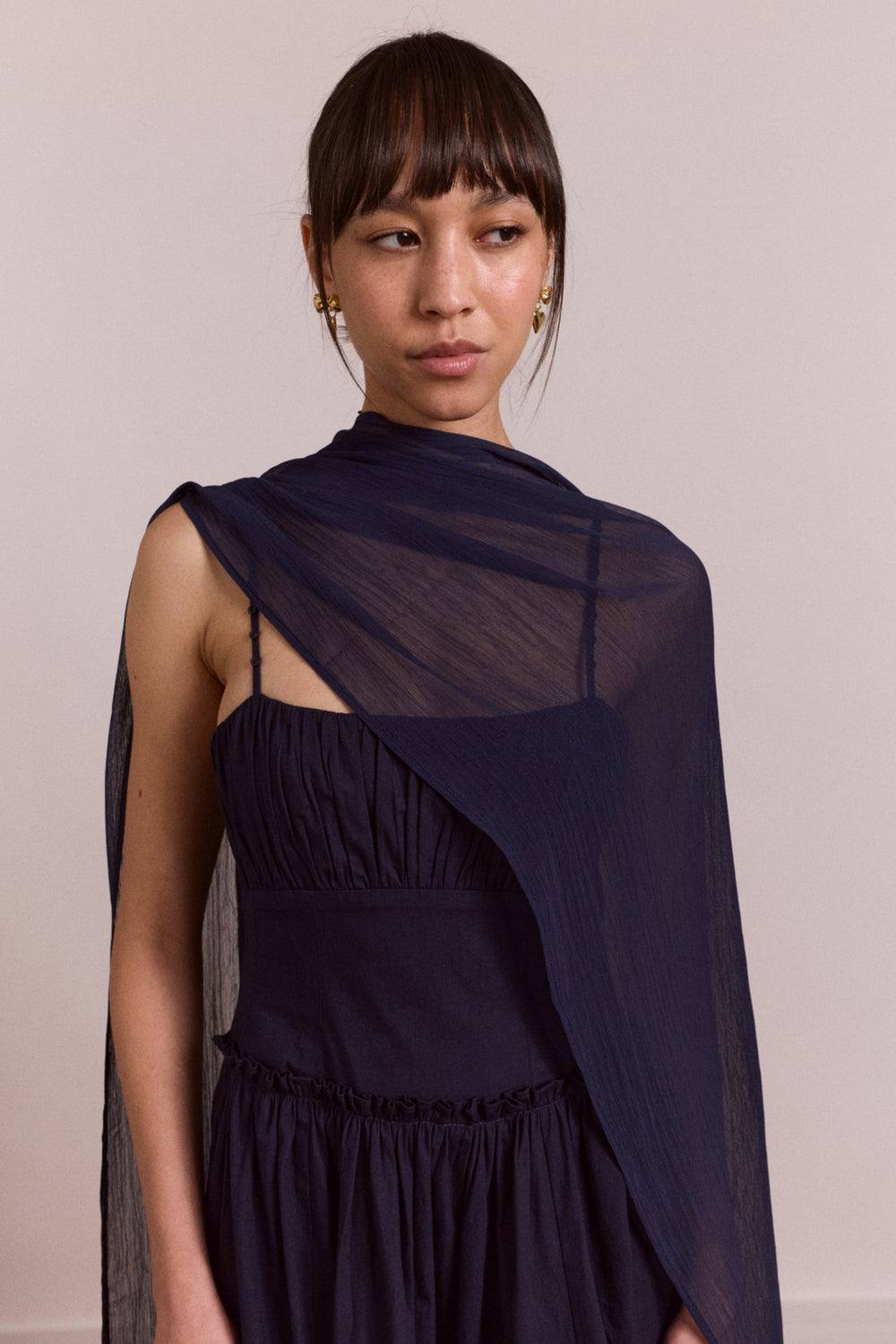Damson Madder juno midi dress with sheer scarf- navy