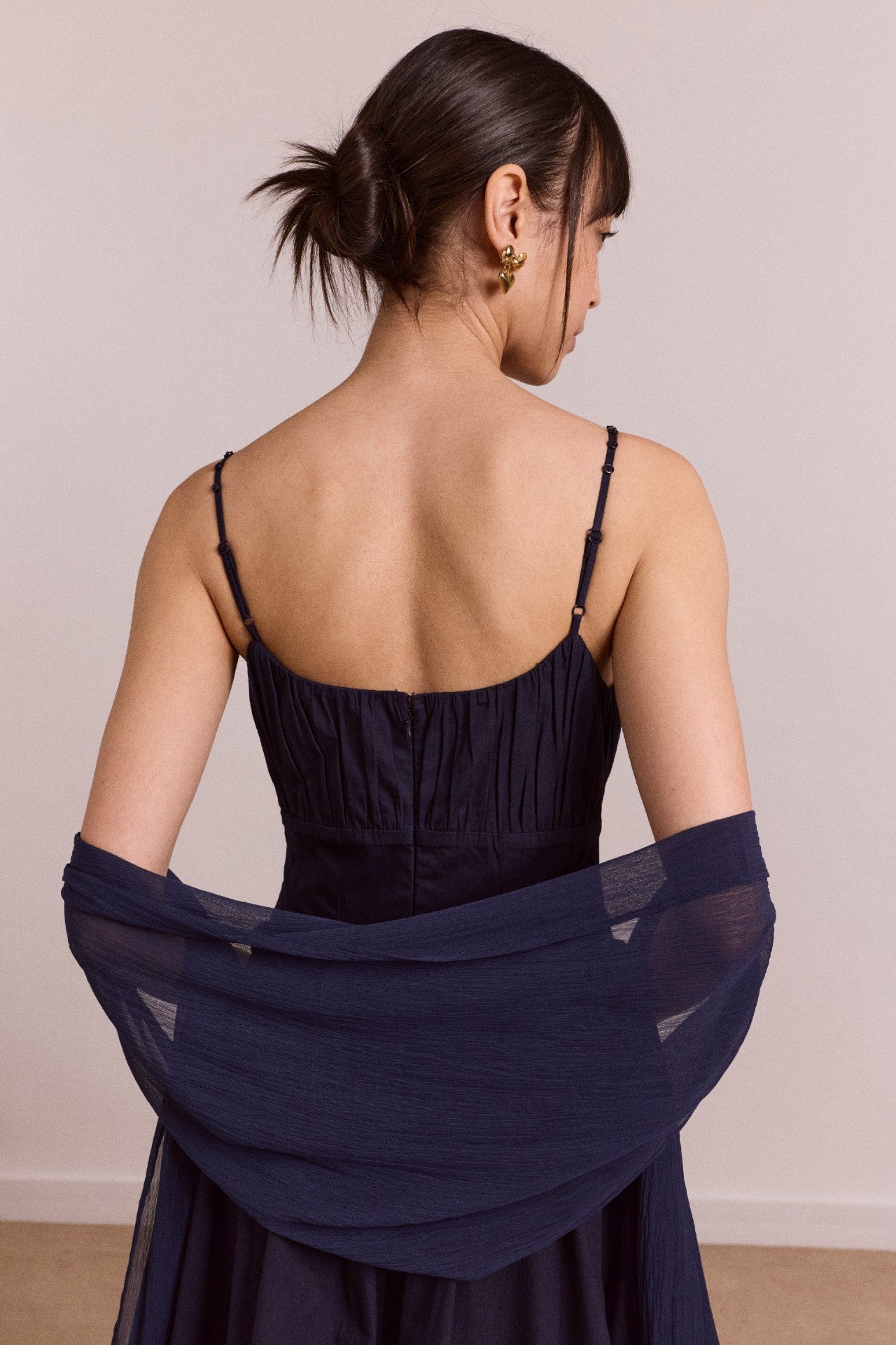 Damson Madder juno midi dress with sheer scarf- navy