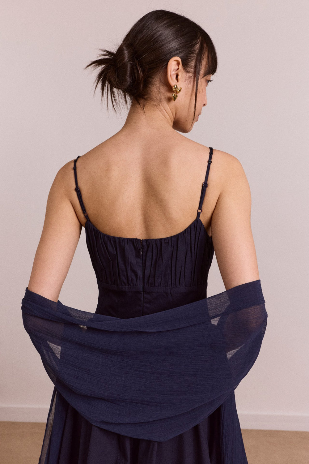 Damson Madder juno midi dress with sheer scarf- navy