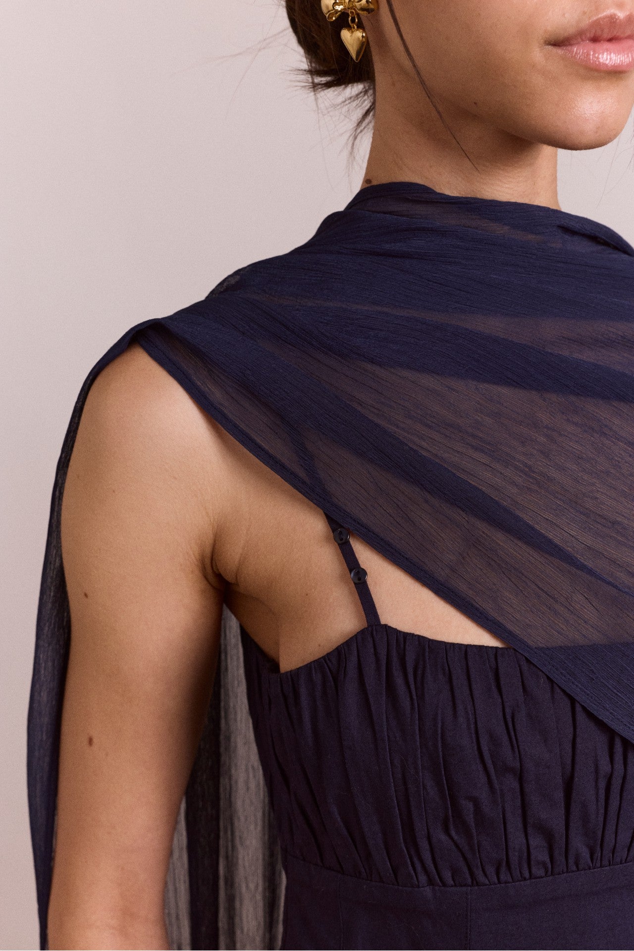 Damson Madder juno midi dress with sheer scarf- navy