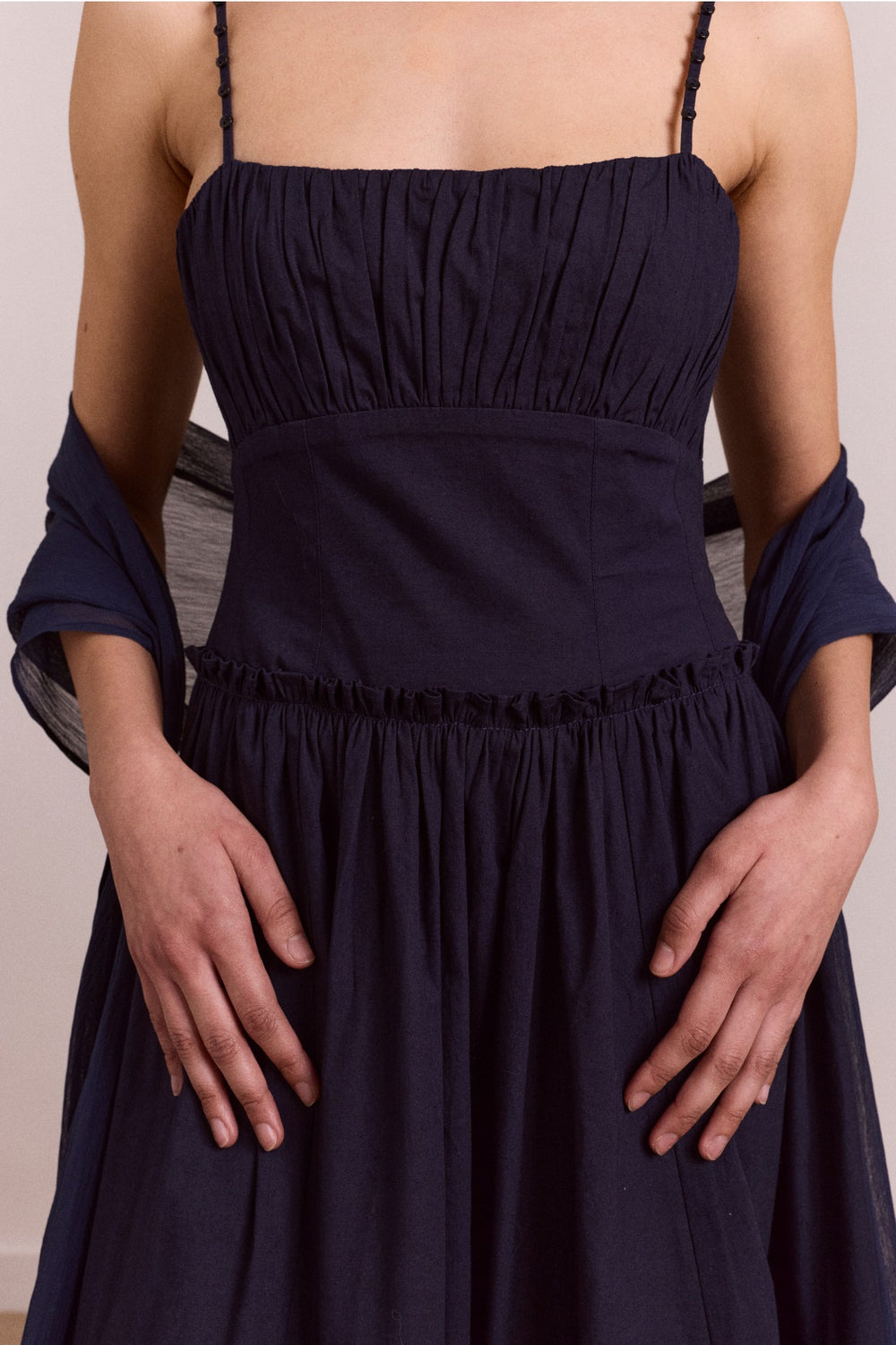 Damson Madder juno midi dress with sheer scarf- navy