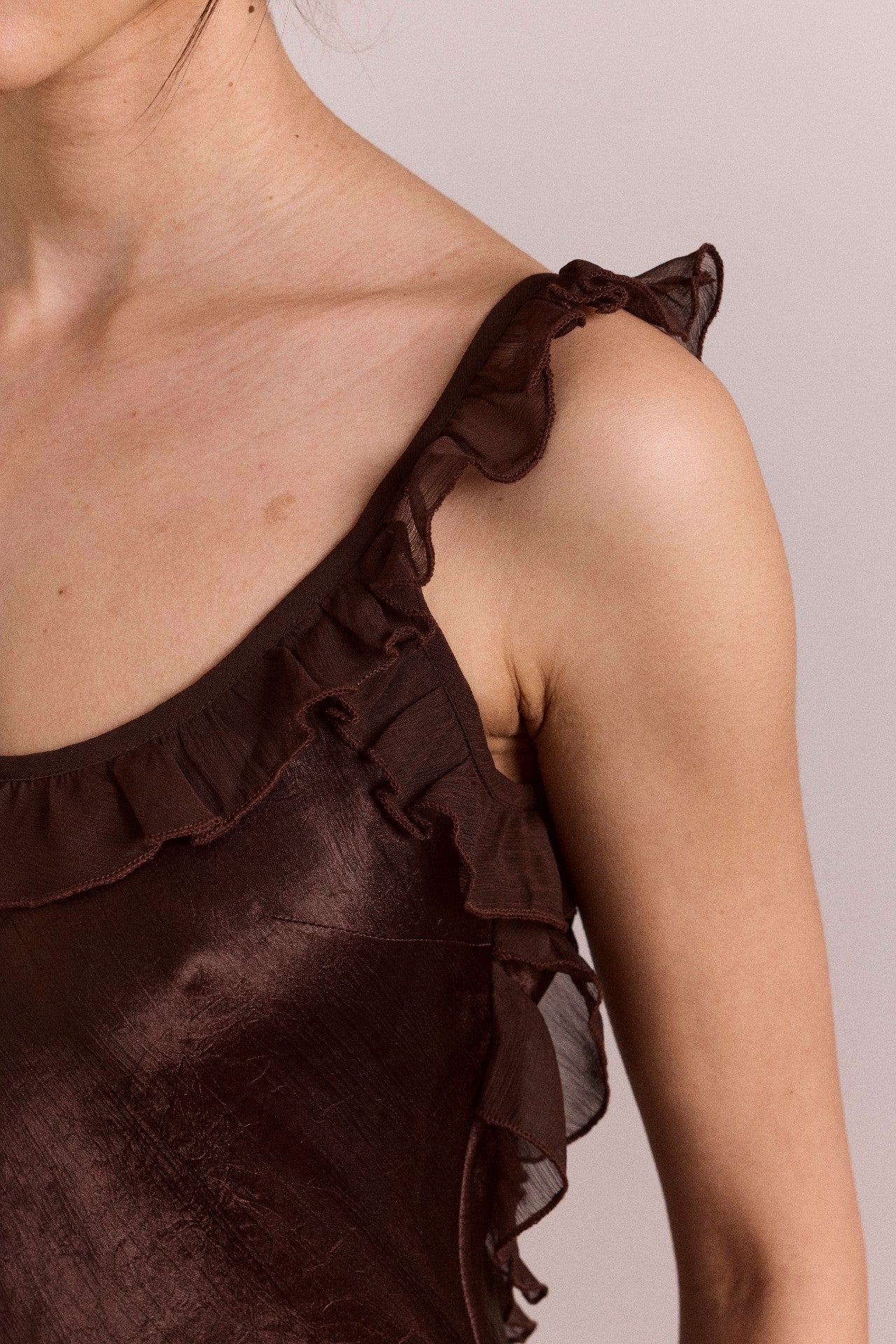 Damson Madder carmen midi ruffle dress with sheer top - choc