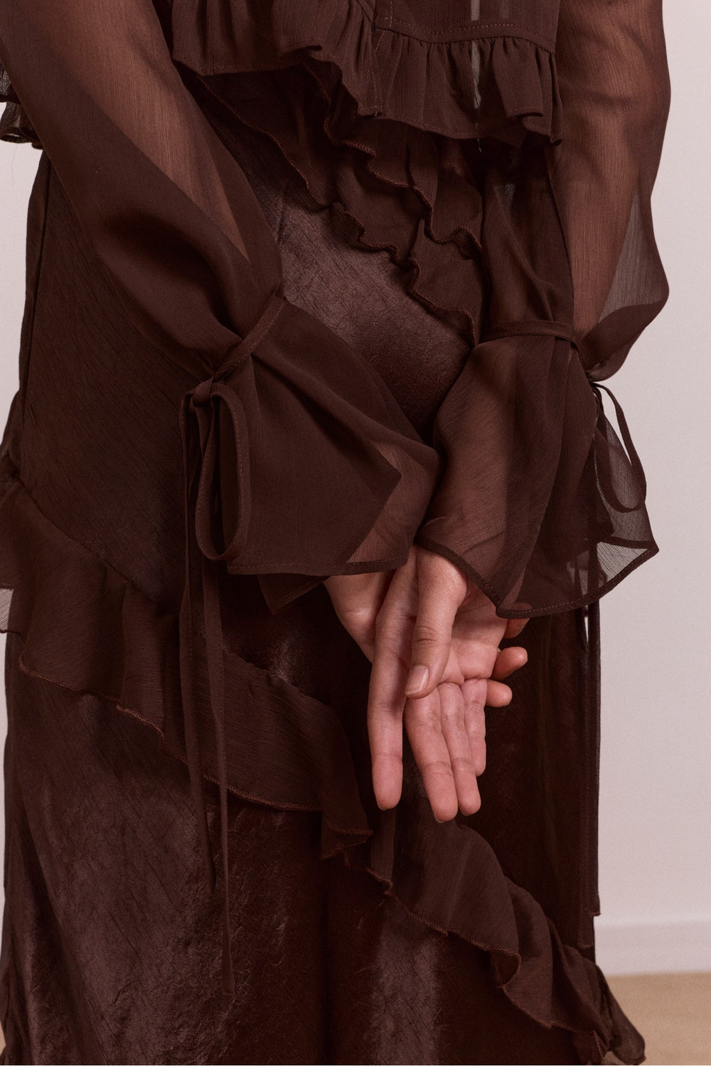 Damson Madder carmen midi ruffle dress with sheer top - choc