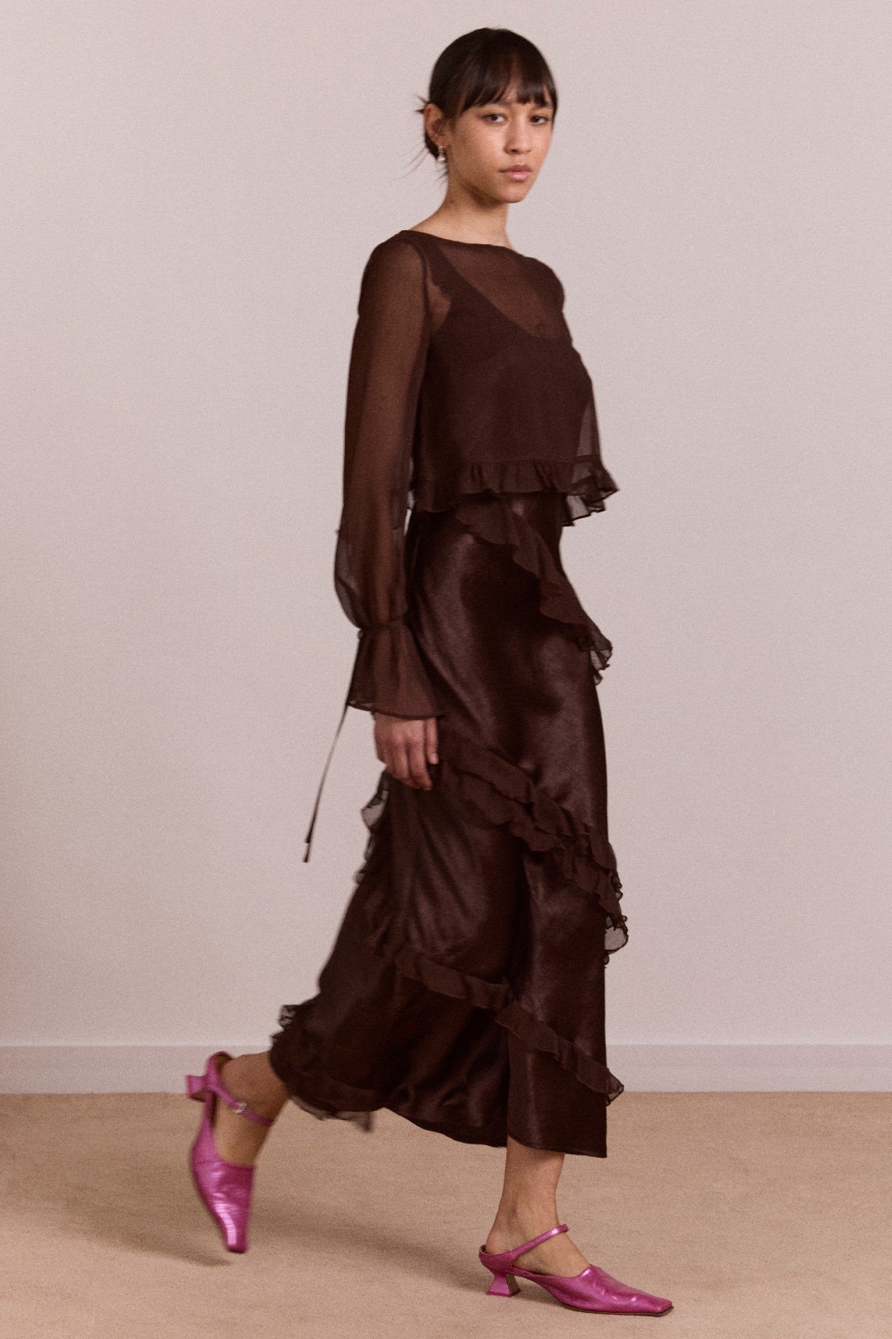 Damson Madder carmen midi ruffle dress with sheer top - choc