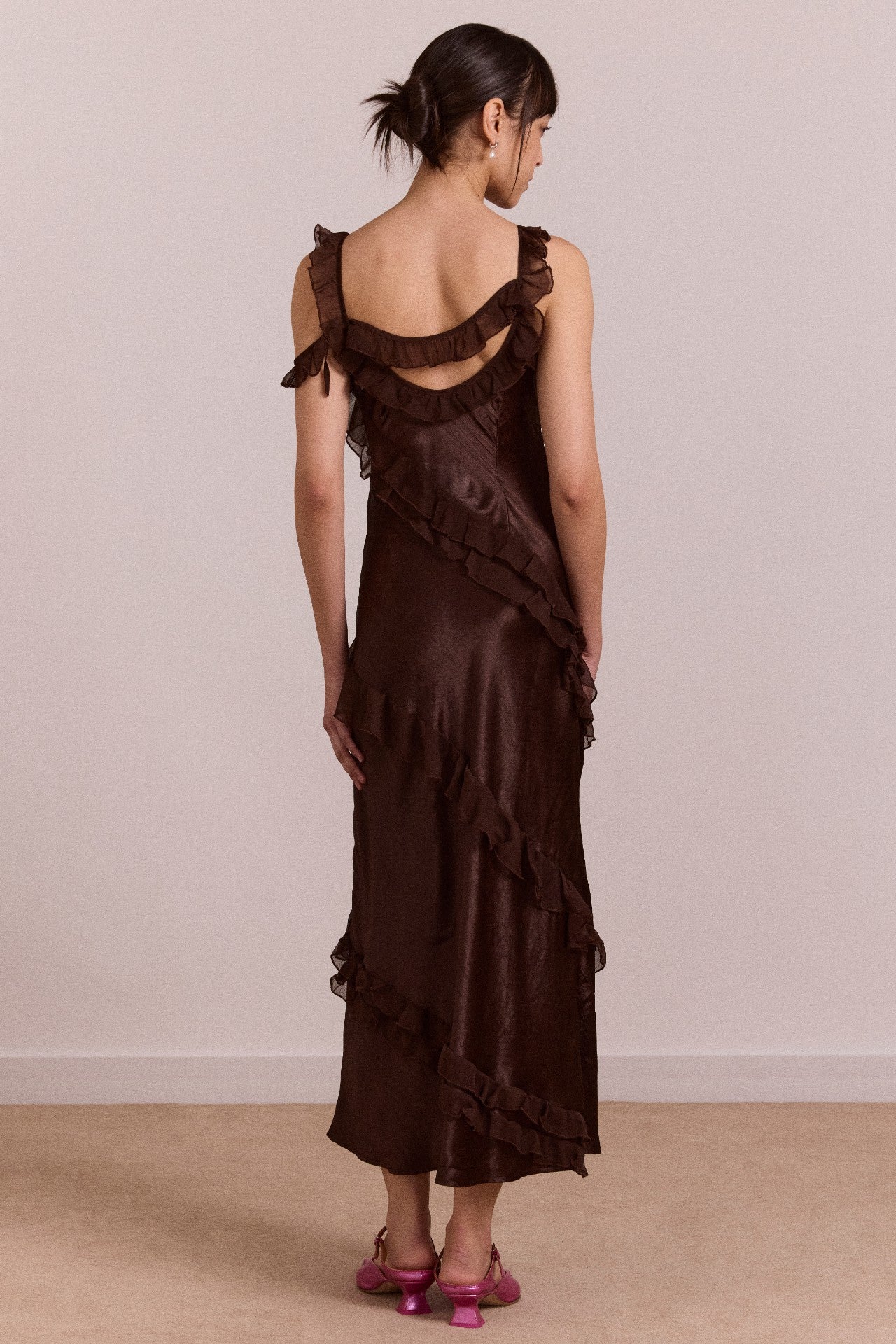 Damson Madder carmen midi ruffle dress with sheer top - choc