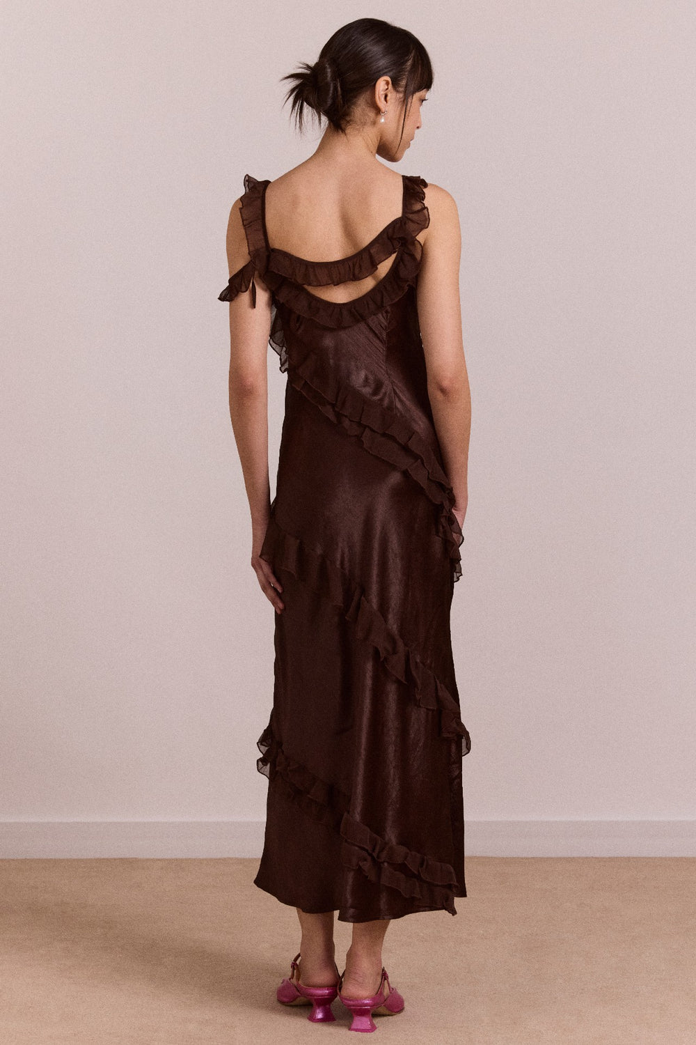 Damson Madder carmen midi ruffle dress with sheer top - choc
